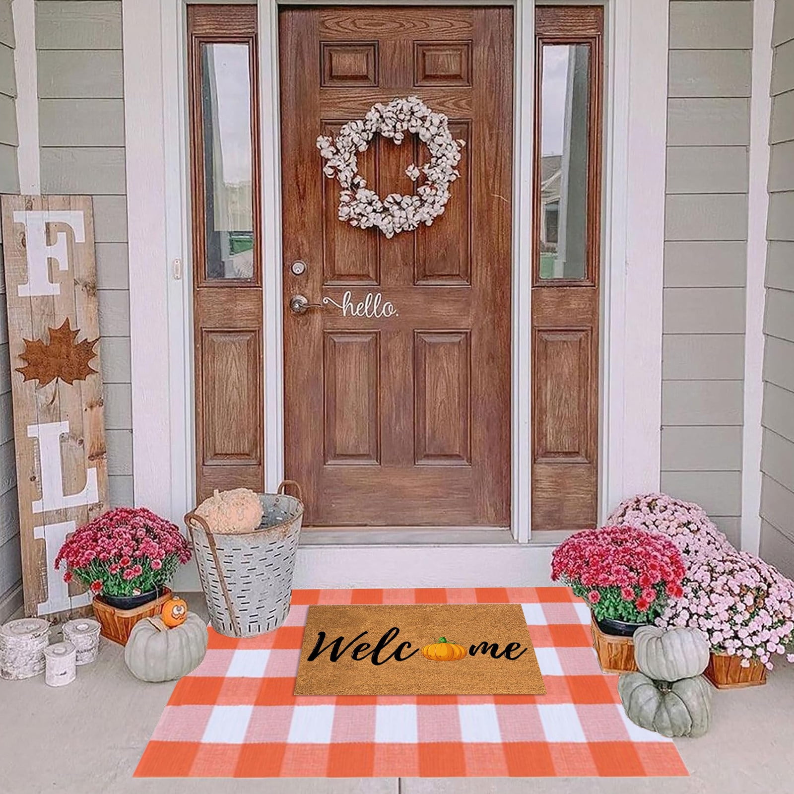 23.6''x35.4'' Outdoor Doormat, Fall Orange Plaid Hand-Woven Rug ...