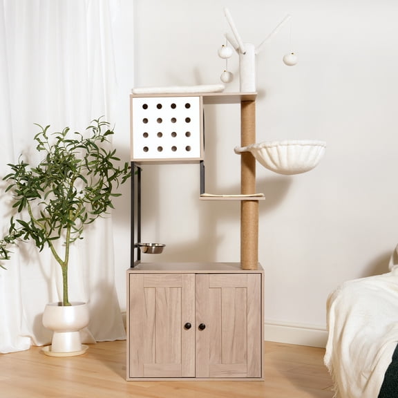 23.60" Cat Tree with Litter Box Enclosure - 3-in-1 Modern Cat Condo with Scratching Posts,Feeding Station & Removable Toys,White+Gray