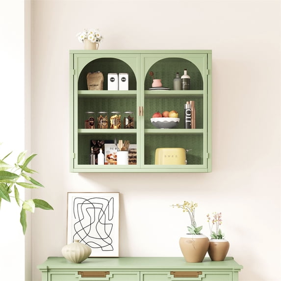 23.62"/ 27.56" Wall Cabinet With 2 Glass Doors Featuring 2-tier/ 3-tier Storage Wall Cabinet With Woven Pattern For Entryway Living Room Bathroom Dining Room
