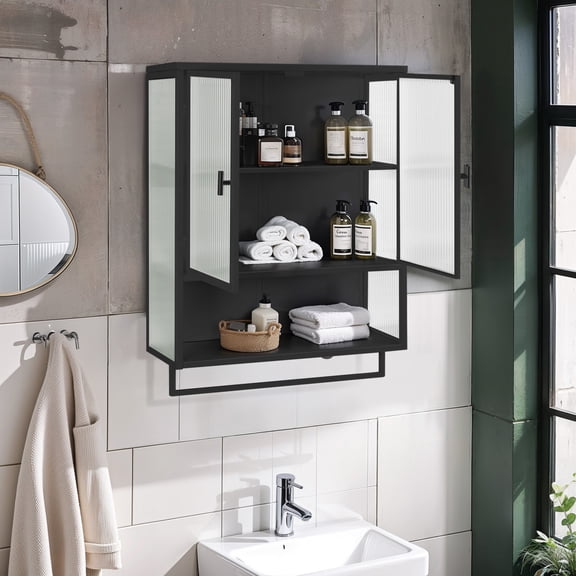 23.62" Glass Door Wall Mounted 2 Door Cabinet with 2 Tiers Enclosed Storage Open Shelves and Towel Rack Storage Cabinet Fluted Glass Design for Entrance Living Room Bathroom Dining Room (Black)