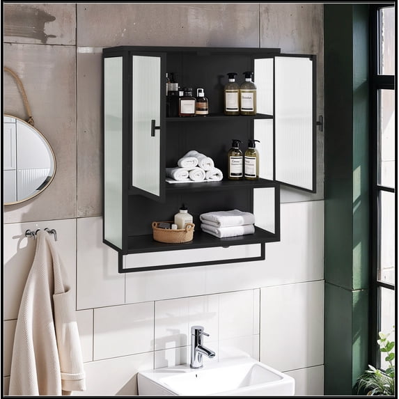 23.62"Glass Doors Modern Two-door Wall Cabinet with Featuring Two-tier Enclosed Storage, an Open Shelf, and Towel Rack, for Entryway Living Room Bathroom Dining Room,Black