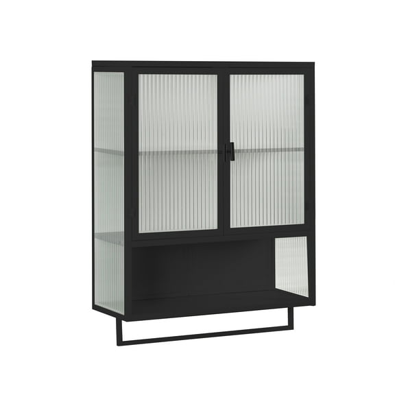 23.62"Glass Doors Modern Two-door Wall Cabinet with Featuring Two-tier Enclosed Storage, an Open Shelf, and Towel Rack, for Entryway Living Room Bathroom Dining Room,Black