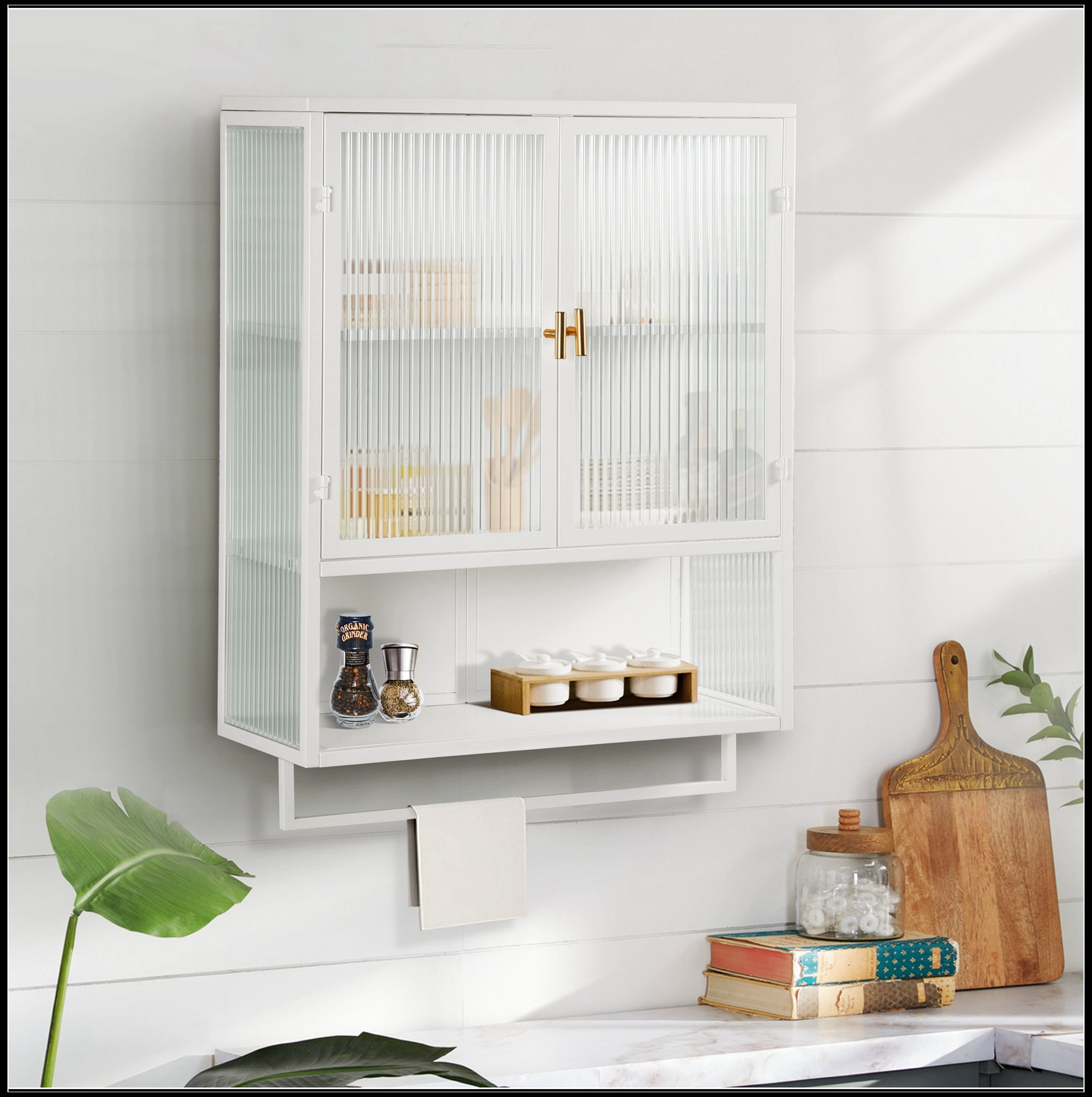 23.62"Glass Doors Modern Two-door Wall Cabinet with Featuring Two-tier Enclosed Storage, an Open Shelf, and Towel Rack, for Entryway Living Room Bathroom Dining Room