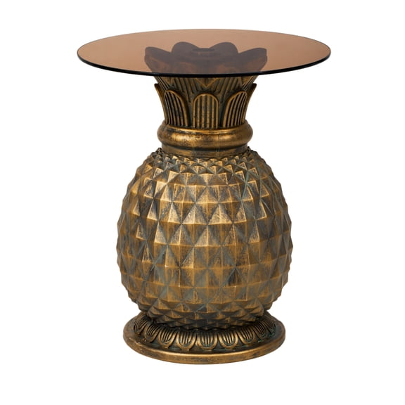 23.62" H Pineapple Side Table with Glass Top, Indoor Outdoor Accent End Table, Yellow