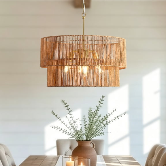 23.62" Handwoven Woven Paper Rattan Chandelier, 2-Tier Boho Wabi-Sabi Pendant Light, Gold Metal Hanging Ceiling Lamp, Wicker Lighting Fixture for Dining Room Kitchen Island Living Room