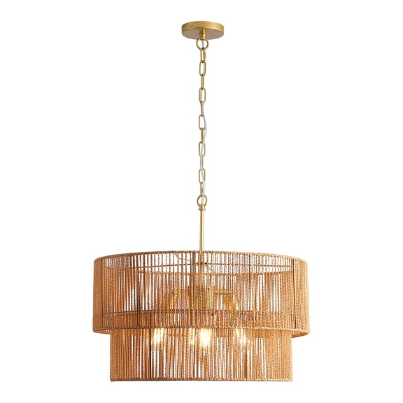 23.62" Handwoven Woven Paper Rattan Chandelier, 2-Tier Boho Wabi-Sabi Pendant Light, Gold Metal Hanging Ceiling Lamp, Wicker Lighting Fixture For Dining Room Kitchen Island Living Room