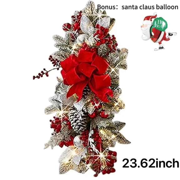 BAUAY 23.62 inch Christmas Swags & Garlands with Lights Cordless Stairway Prelit Stair Swag Christmas Lighted Garland Ornament Outdoor Door Hanging (Red)