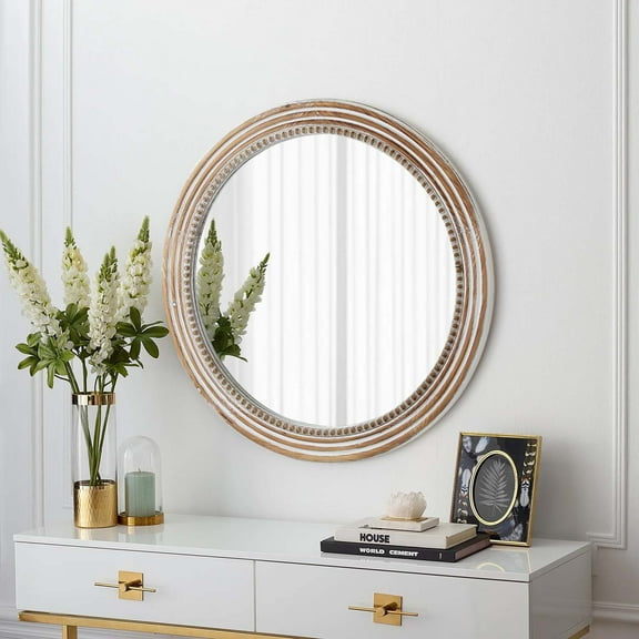 23.62 Inch Rustic Wooden Round Mirror with Beads (White), Farmhouse Decor for Living Room