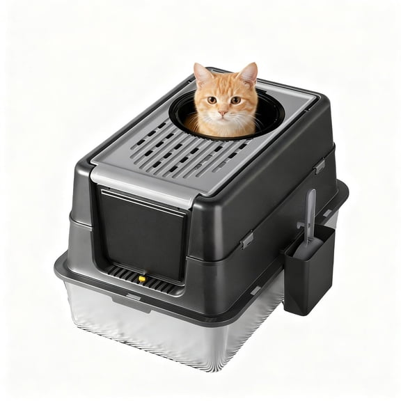 23.62" Large Stainless Steel Litter Box for Large Cats, Enclosed Cat Litter Pan with 180° Flip-Top Lid, Dual Entry Front Door & Top Entrance, Easy Clean Odor Control for Multi-Cat