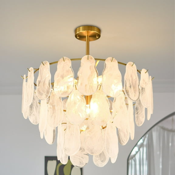 23.62" Modern Brushed Gold Chandelier, 3-Tier Round Cloud Glass Light Fixture, Gold Dining Room Light Fixture for Bedroom Bathroom Living Room Kitchen Entryway