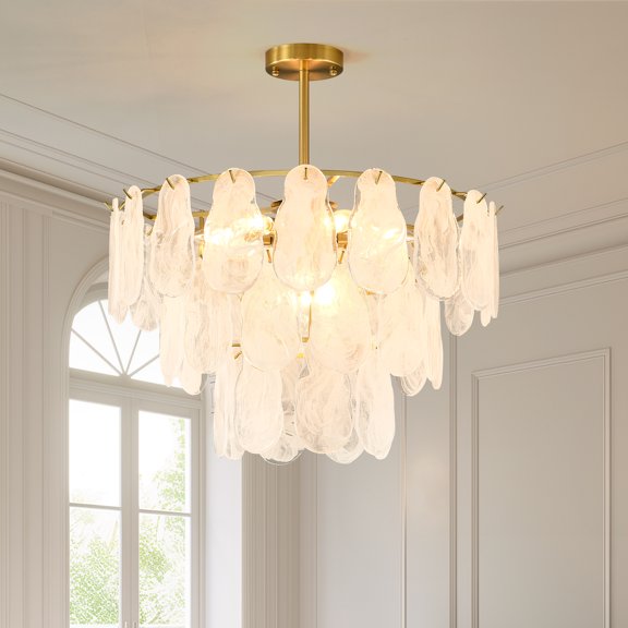 23.62" Modern Gold 3-Tier Cloud Glass Chandelier, 9-Light Pendant Ceiling Fixture for Living Room Dining Room Bedroom Foyer Entryway