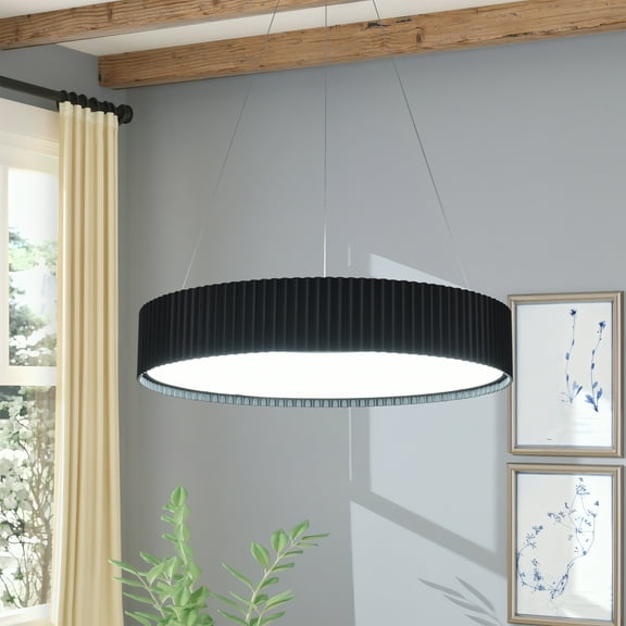 23.62'' Modern LED Chandelier, Dimmable Black Round Pendant Light, Height Adjustable Led Pendant Light for Dining Room Light Fixture with Remote