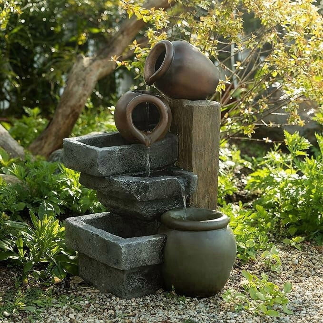 23.62" Outdoor Water Fountain, 4 Tiers Waterfall Fountain with Vintage Clay Pot Design, Indoor/Outdoor Floor Standing Water Feature for Garden, Patio