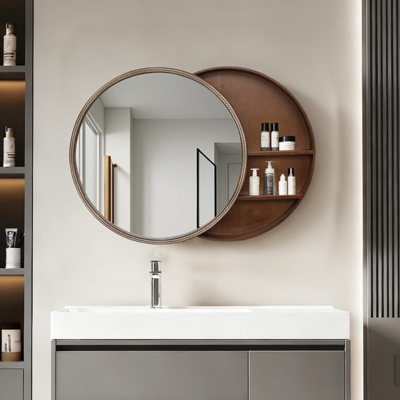 23.62" Sliding Round Wall Mirror with Storage Shelves - 2-Tier Wooden Side Cabinet, Space-Saving Hanging Mirror for Bathroom Vanity, Bedroom & Entryway