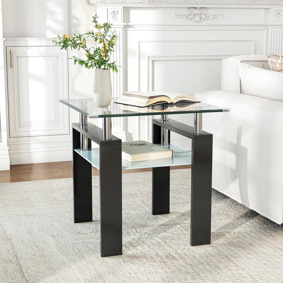23.62" Square Glass End Table, 2-Layer Storage Tempered Glass, Stainless Steel Frame Side Table, Modern Accent Table for Living Room & Bedroom