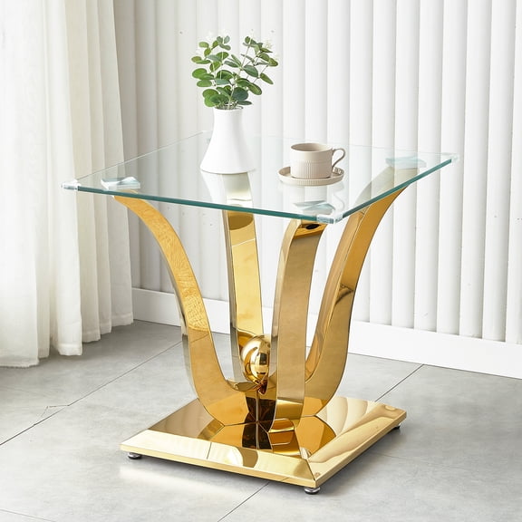 23.62" Square Glass End Table with Tempered Glass Top and Modern U-Shaped Stainless Steel Base, Perfect for Living Room and Bedroom