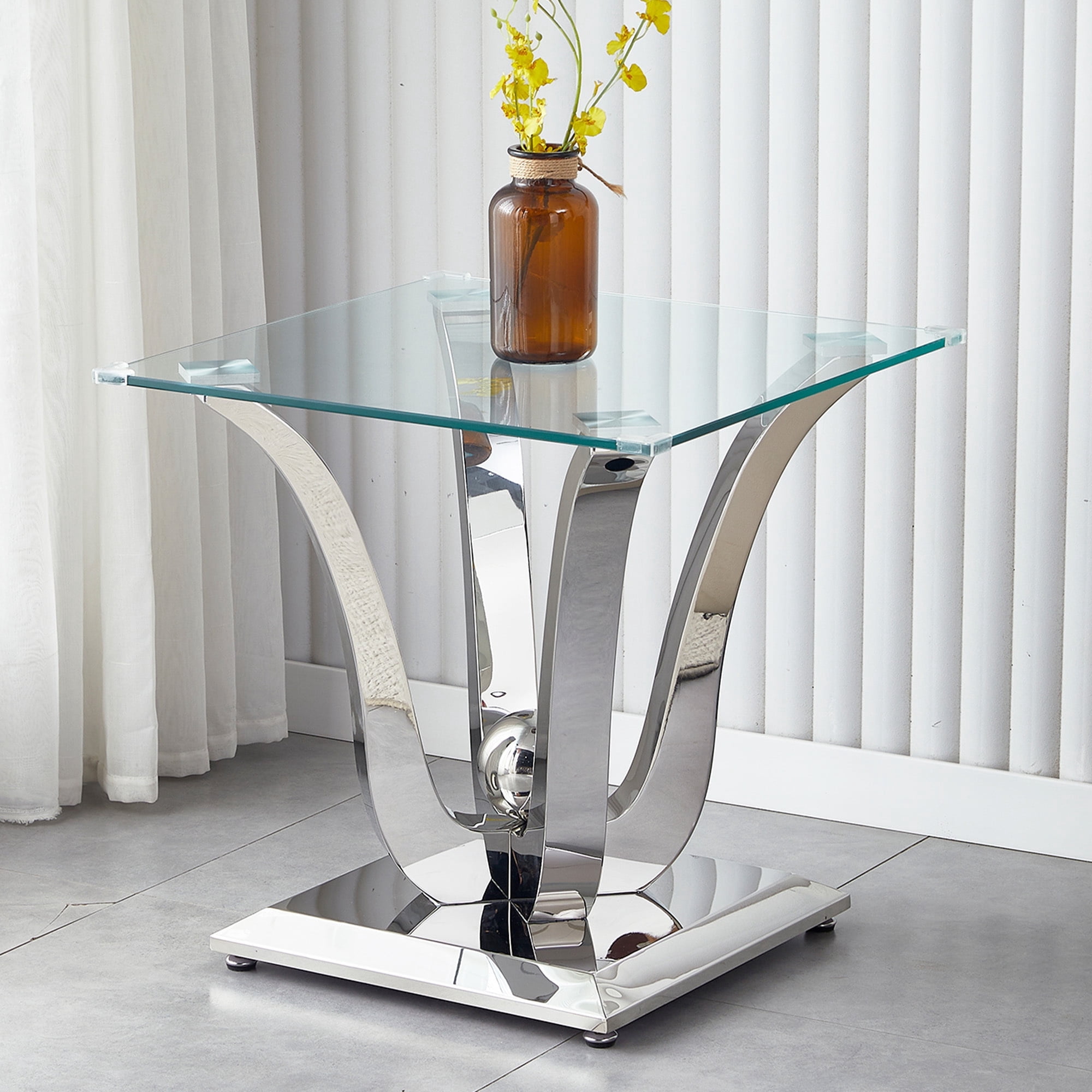 23.62" Square Glass End Table with Tempered Glass Top and Modern U-Shaped Stainless Steel Base, Perfect for Living Room and Bedroom