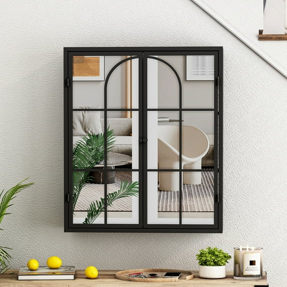 23.62 "Vintage Two Door Wall Cabinet with Mirror, Three-level Entrance Storage Space for Living Room, Bathroom, Dining Room, Black