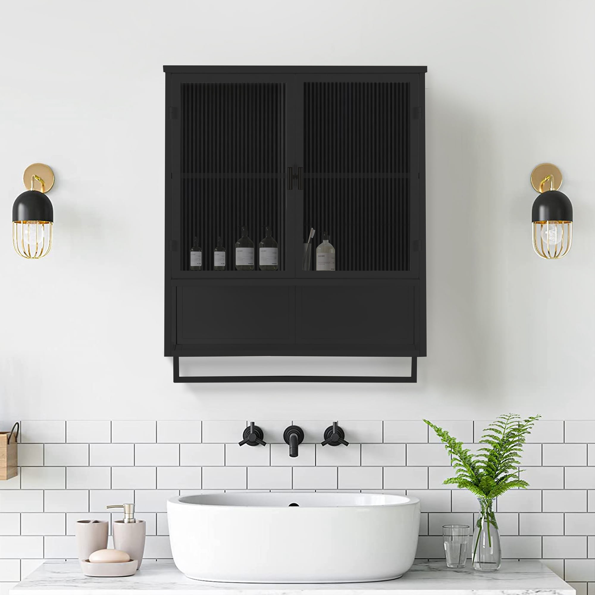 23.62"Wall Cabinet with Tempered Glass Doors, Bathroom Wall Storage Cabinet with Detachable Shelves for Office, Dining, Living Room, Kitchen and Bathroom, Black