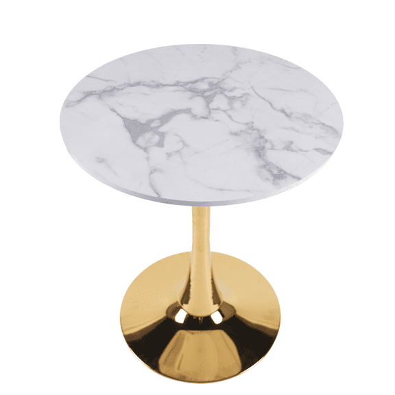23.62" White Marble Print Round Tulip Table, Gold Pedestal Base Small Dining Table for 2-4 People