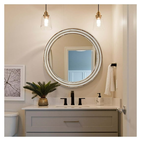 23.62" Wood Round Wall Mirror - Rustic Circle Decorative Mirror for Bedroom, Bathroom, Living Room, Entryway - Farmhouse Style with Beads