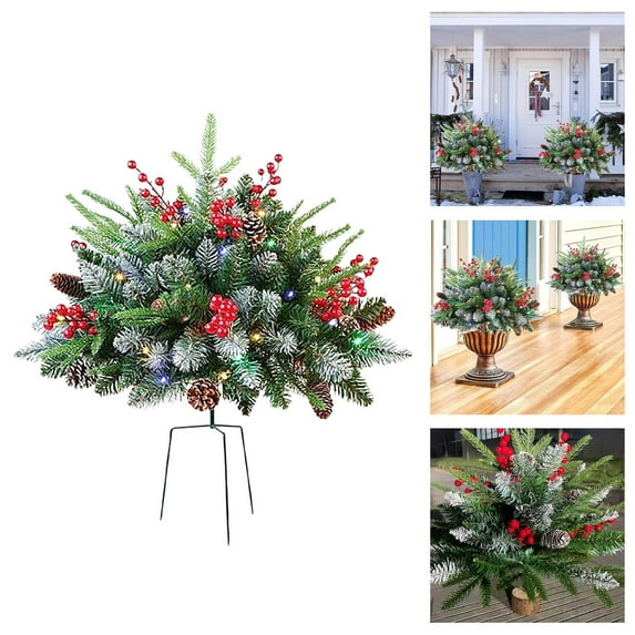 23.62 inch Pre-Lit Christmas Tree Filler with Golden/Red Berries – LED Lighted Decor with 2 Modes & Timer