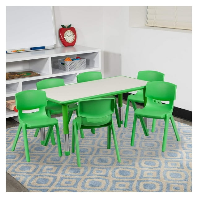 23.625" W x 47.25" L Green Plastic Activity Table Set6 Chairs