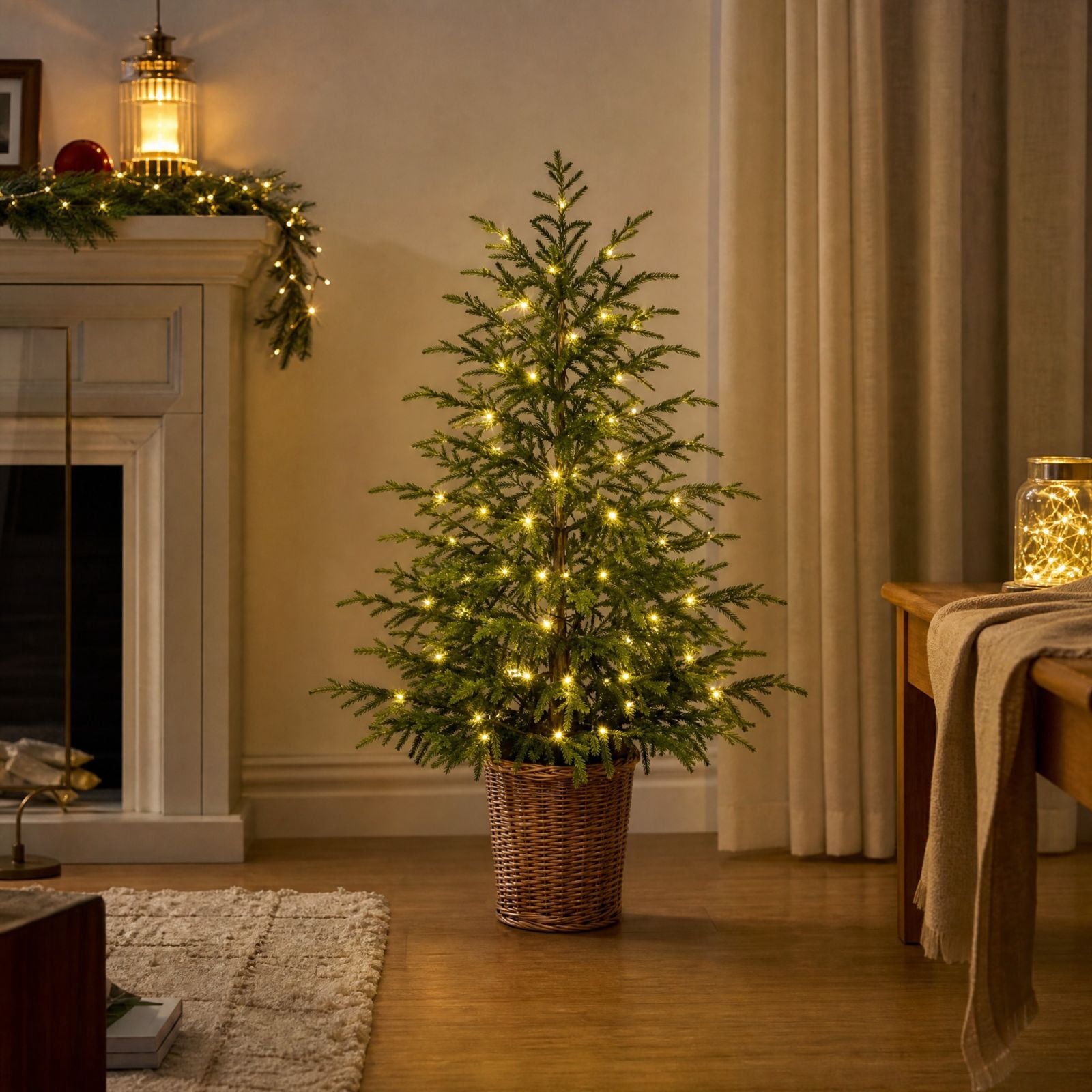 Fake Table Top Tree 23.62In Pre-Lit Artificial Pine Christmas Tree with Woven Basket Base ...