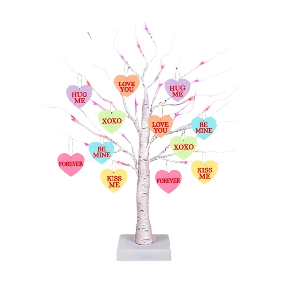 23.62Inch Valentines Birch Tree with Heart Hanging Ornaments & Light, Perfect for Home Valentine Wedding Decor