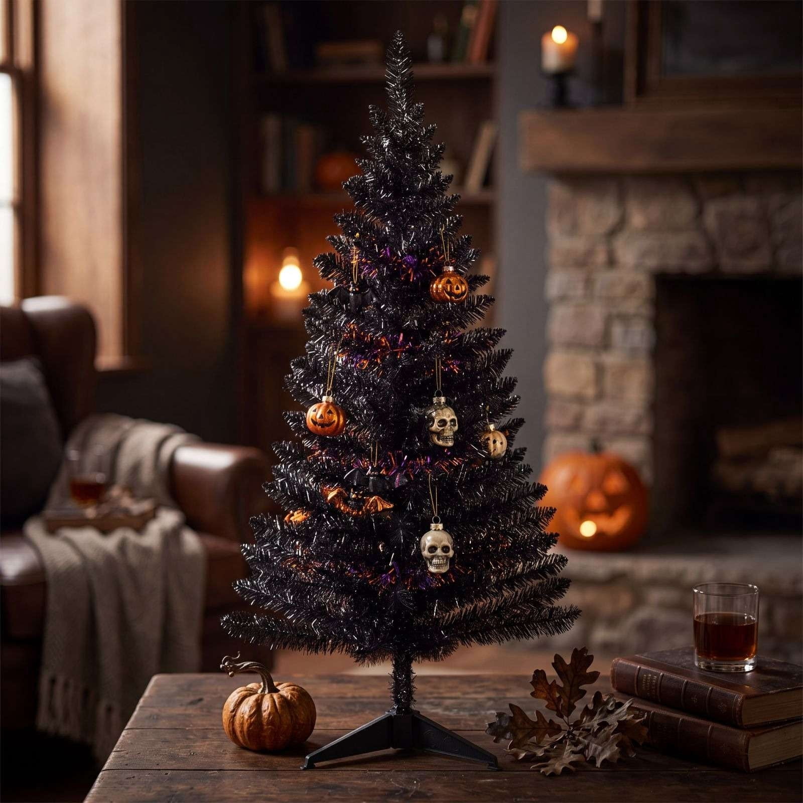 23.62in Black Mini Artificial Christmas Tree Tabletop Black Xmas Tree with Stable Sturdy Base for Home Office Spooky Halloween Indoor Outdoor Holiday Decor