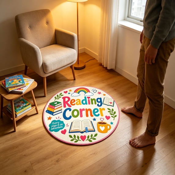 23.62in Circular Educational Kids Rug - Book Letter Rainbow Theme Soft Non Carpet, Comfortable Play Mat for Toddler Bedroom Nursery Homeschool Classroom