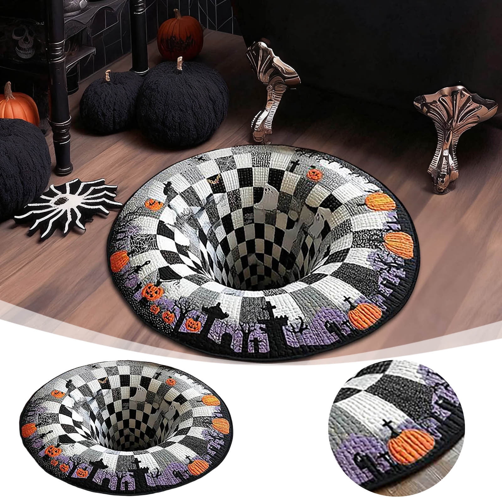 23.62in Halloween 3D Rug - Black White Checkeredboard Realistic Trippy ...