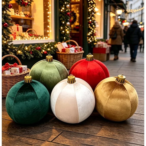 23.62in Large Velvet Christmas Ornament Balls, Inflatable Pvc Xmas Decor Ball, 5 Colors, Floor Standing Ornament for Storefront Window & Outdoor Holiday Decor