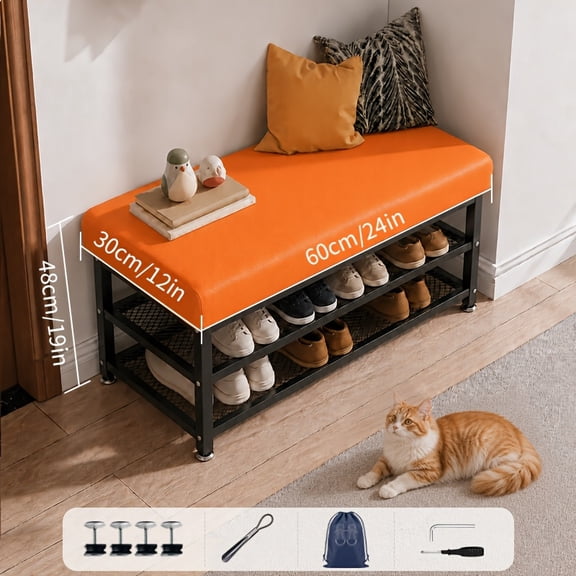 23.62inch cushioned shoe storage stool, double-layer shoe sorting organizer, sturdy metal frame, household storage items for indoor use at corridor entrances
