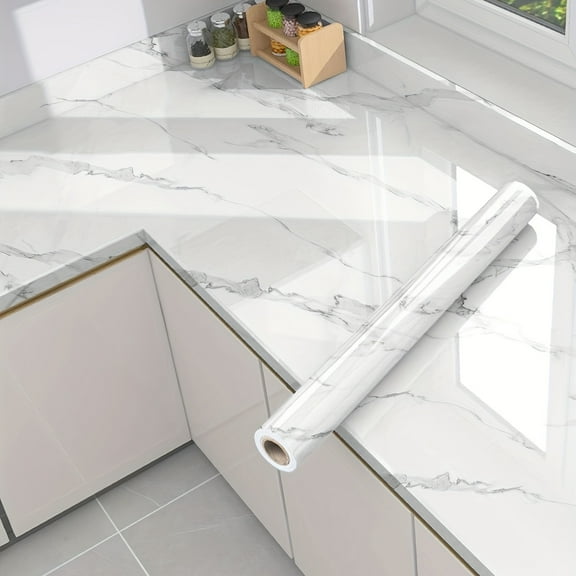 23.62x196.85 inch self-adhesive kitchen sticker, suitable for contemporary home decoration, easy to install Realistic marble texture, white and gray vinyl wallpaper.
