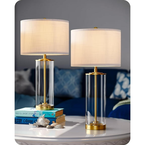23.6IN Glass Table Lamp DIY Fillable Base, White Linen Lampshade Table Lamp Set of 2, Tall Bedside Lamp for Living Room Bedrooms Bedside, Rotary Switch, UL Listed