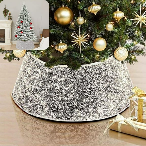 23.6In Christmas Tree Collars Sequin Tree Skirt Glitter Xmas Tree Ring ,Tree Collars For Artificial Trees,Christmas Tree Stand Cover,Double-Layer Velvet Christmas Tree Base Cover,Rattan Tree Collar