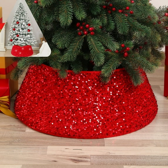 23.6In Christmas Tree Collars Sequin Tree Skirt Glitter Xmas Tree Ring ,Tree Collars For Artificial Trees,Christmas Tree Stand Cover,Double-Layer Velvet Christmas Tree Base Cover,Rattan Tree Collar