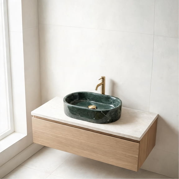 23.6L x 15.7W Countertop Vessel Sink, Classic Green Natural Marble for Bathroom Vanity Use