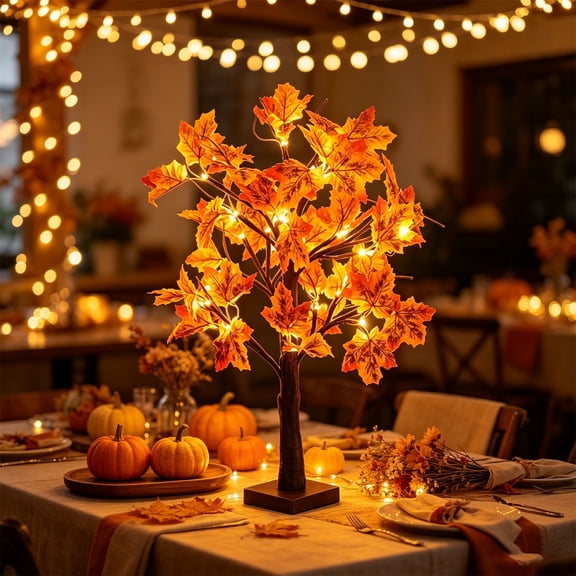 23.6in Lighted Fall Maple Tree Light, 24LED Warm White Artificial Bonsai Night Light, Battery Operated, Mini Tabletop Ornament for Home Indoor, Mantel, Shelf Thanksgiving Festival Decoration