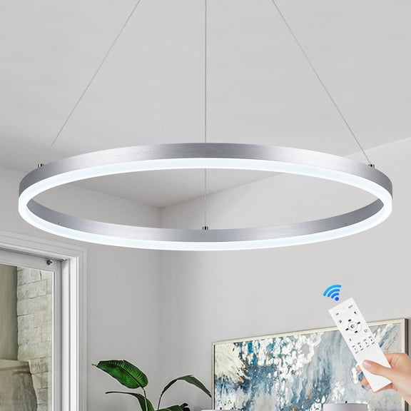 23.6in Modern LED Ring Chandelier Pendant Light Fixture Silver Circular Dimmable LED Ring Chandelier with Remote, Round Hanging Light for Kitchen Island Dining Room Living Room(3000K-6500K)