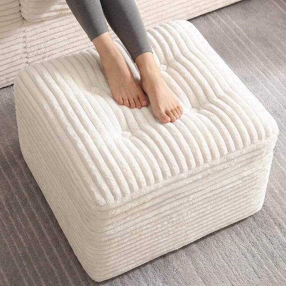 23.6in Pouf Ottoman, Corduroy Footstool Foot Rest Seating, Beige