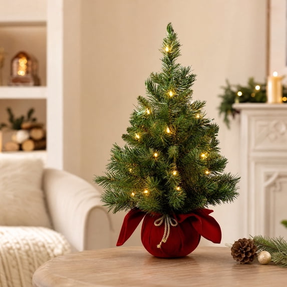 23.6in Pre-Lit Tabletop Christmas Tree with Warm LED Lights,Artificial Pine Ornament with Red Velvet Base for Home Office Holiday Decor