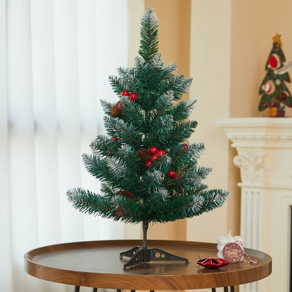 23.6in Snow Flocked Mini Christmas Tree Hinged Artificial Spruce Tabletop Xmas Tree With 60 Frosted Branch Tips Stand Indoor Holiday Decor
