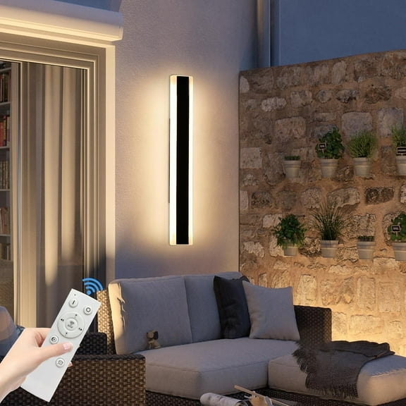 23.6inch Modern Outdoor Light Fixture, 3000K-6000K Dimmable Wall Sconce, IP65 Waterproof Linear Exterior LED Lights with Remote Control, Black Aluminium for Porch, Patio, Garage