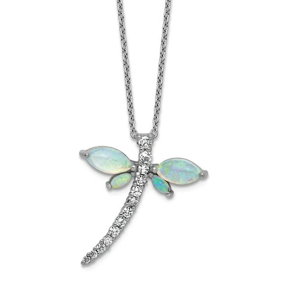 23.6mm Ss Rhodium Plated Simulated Opal and CZ Dragonfly With 2 Inch Extension Necklace 18 Inch Pendant Necklace for Wom