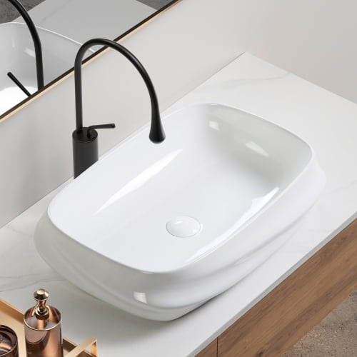23.6x16.9 Inch Rectangular Ceramic Vessel Sink, White Gloss Basin, 3D Ribbed Textured Design, Pre-Installed Drain, No Faucet Hole, Commercial-Grade Durability