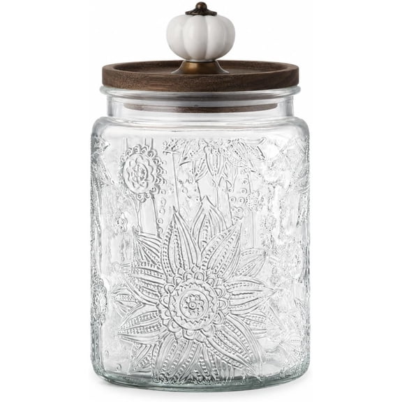 23.7 Fl oz Glass Jar with Lid, Airtight Storage Container, Embossed Kitchen Canister with Pumpkin Knob Lid for Sugar, Coffee, , Candy, Cookies, Pasta, Cereal, Decorative Pantry Jar