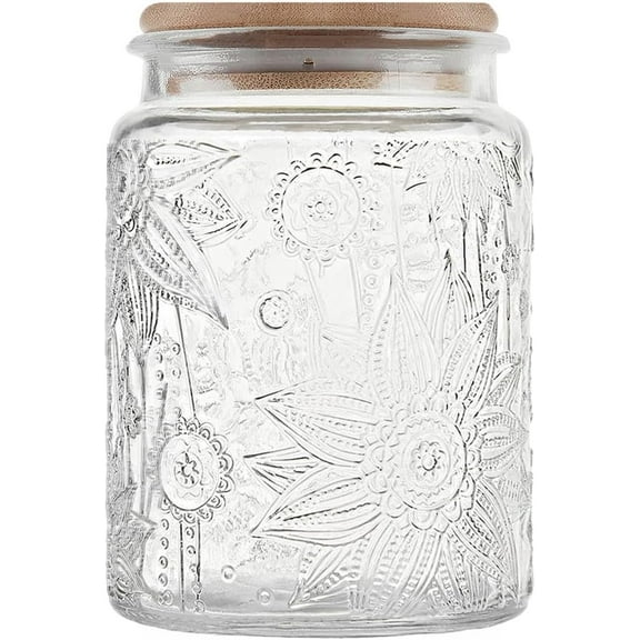 23.7 fl oz Airtight Glass Storage Jar with Bamboo Lid - Vintage Glass Jar Vintage Food Containers Canisters Set for Kitchen Counter, Ideal for Candy, Sugar, Coffee, Tea,Cute jar(Sunflower*1)