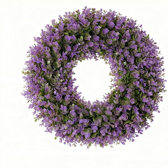 23.7-inch Round Door Wreath, Artificial Spring-Summer Greenery Wreath with Ribbon, Purple Wreath Ideal for Rustic Weddings, Year-Round Indoor/Outdoor Home Decor